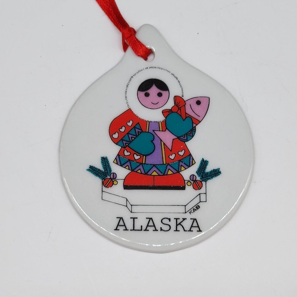 Alaska Souvenir Ceramic Ornament With Red Ribbon Snowflake Fish Christmas Holida